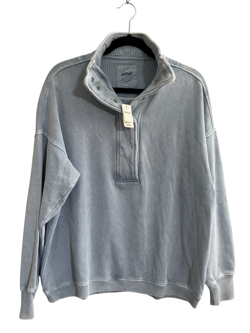 🆕 Aerie Getaway Quarter Snap Sweatshirt XS Washed light blue NWT Comfy #NE311